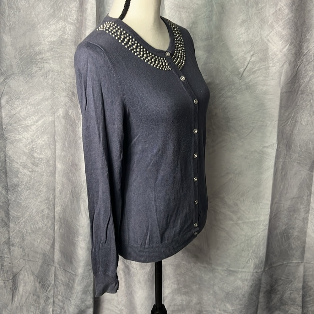 Merona Steel Gray-Blue Beaded Neck Button Down Cardigan Sweater - size MED - Picture 3 of 10